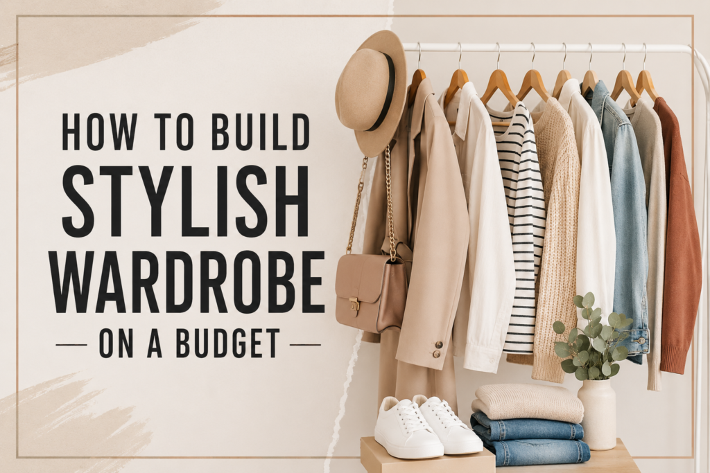 How to Build a Stylish Wardrobe on a Budget – affordable fashion essentials and neutral clothing displayed on a clothing rack.