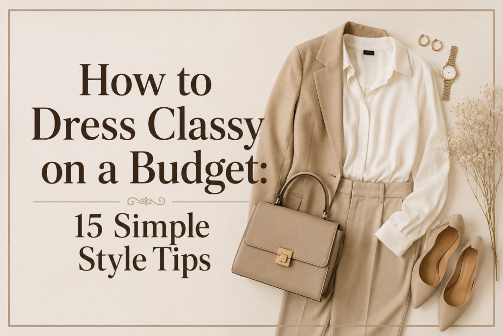 How to Dress Classy on a Budget: 15 Simple Style Tips – elegant neutral outfit with a blazer, blouse, trousers, handbag, and heels.