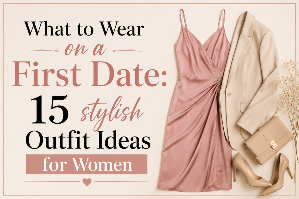 First date outfit ideas for women featuring a blush dress, cream blazer, handbag, and nude heels.